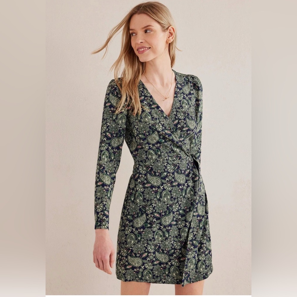 Boden Wrap Detail Deep Sea Green Blue Paisley Dress